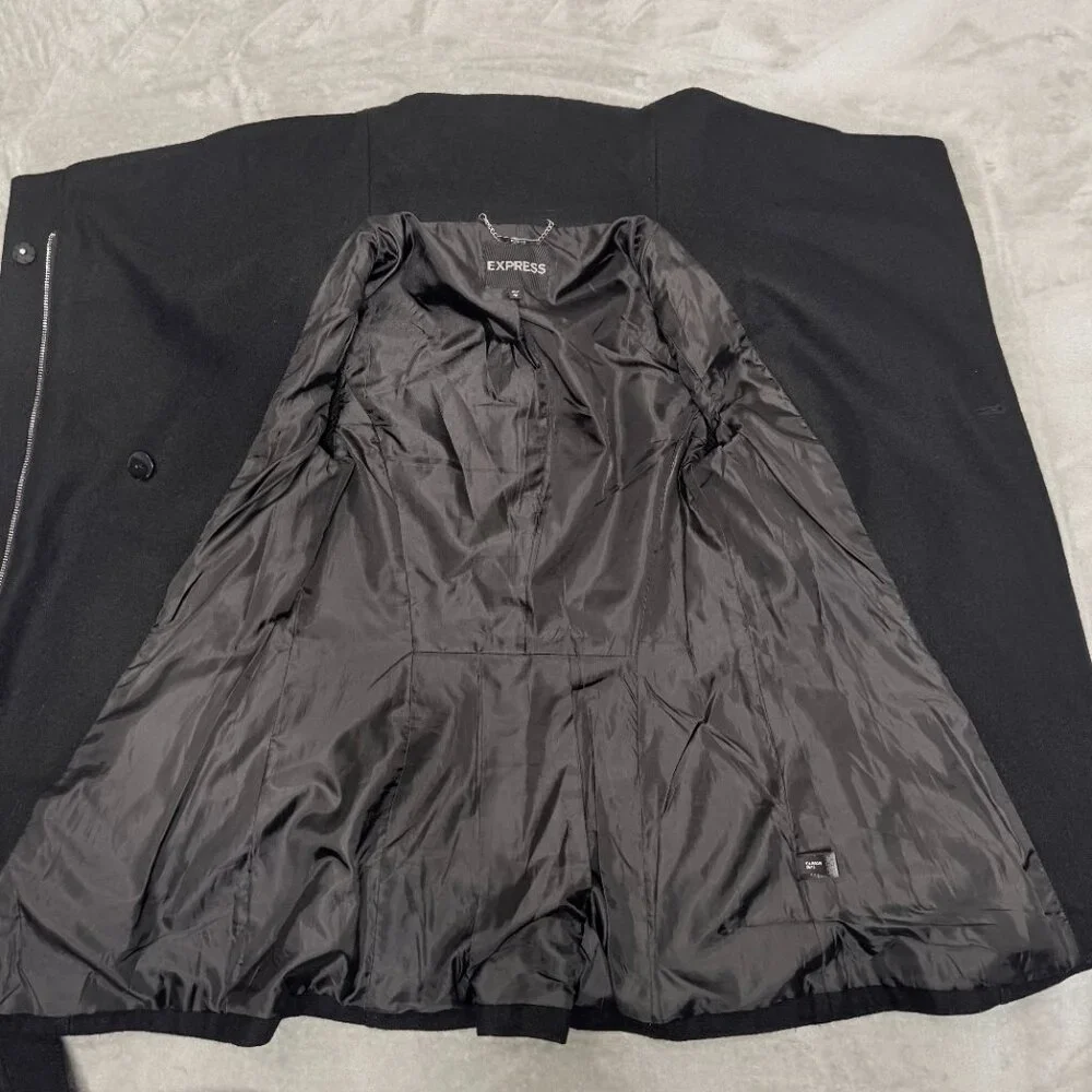 Express Black Wool Blend Belted Asymmetrical Zip Funnel Neck Coat Size XS